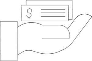 Illustration of Hand With Cheque Icon in Black Line Art. vector