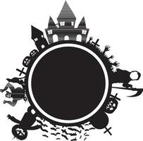 Rounded frame with castle, vampire, scarecorw, pumpkins etc. vector