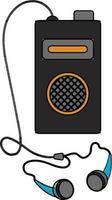 Grey and orange speaker with blue earphone. vector