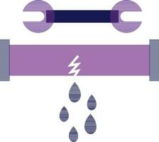 Purple broken pipe with wrench in flat style. vector