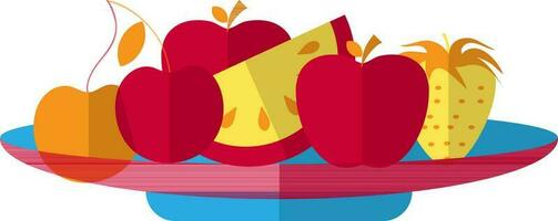 Apples, watermelon, strawberry and grapes on palte. vector