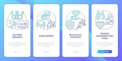 Supporting gender identity blue gradient onboarding mobile app screen. Walkthrough 4 steps graphic instructions with linear concepts. UI, UX, GUI template vector