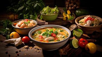 Thai Food Closeup Shots of Tom Yam Soup Bowls and Salad on Rustic Table. . photo