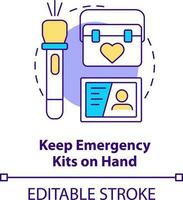 Keep emergency kits on hand concept icon. Disaster tip abstract idea thin line illustration. First aid supplies. Isolated outline drawing. Editable stroke vector