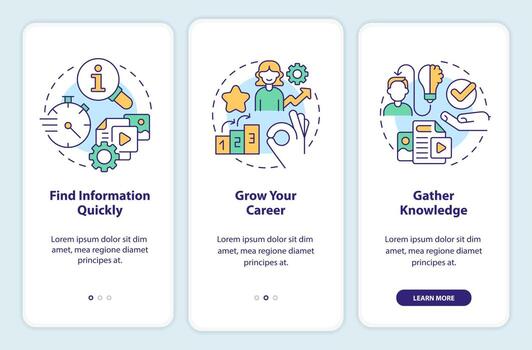 Expectations from content onboarding mobile app screen. User comfort walkthrough 3 steps editable graphic instructions with linear concepts. UI, UX, GUI template vector