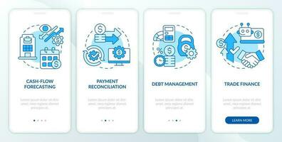 Treasury management system feature blue onboarding mobile app screen. Walkthrough 4 steps editable graphic instructions with linear concepts. UI, UX, GUI template vector