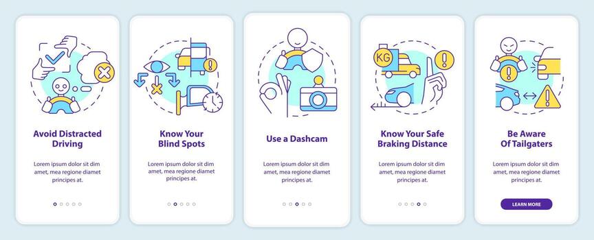 Driving safety rules for commercial drivers onboarding mobile app screen. Walkthrough 5 steps editable instructions with linear concepts. UI, UX, GUI template vector