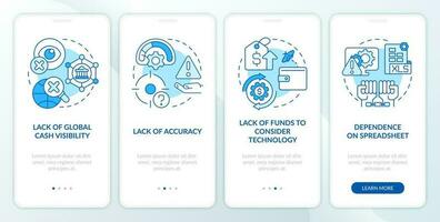 Corporate treasurer challenges blue onboarding mobile app screen. Walkthrough 4 steps editable graphic instructions with linear concepts. UI, UX, GUI template vector