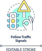 seguir tráfico señales concepto icono. controlar tráfico fluir. común conducción la seguridad regla resumen idea Delgado línea ilustración. aislado contorno dibujo. editable carrera vector