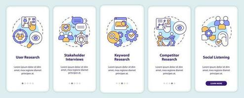 Research for content design onboarding mobile app screen. Data walkthrough 5 steps editable graphic instructions with linear concepts. UI, UX, GUI template vector