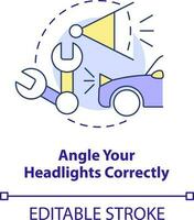 Angle your headlights correctly concept icon. Driving safety at night abstract idea thin line illustration. Isolated outline drawing. Editable stroke vector