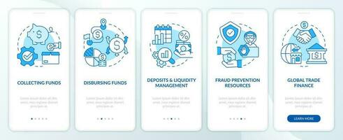 Treasury management services blue onboarding mobile app screen. Walkthrough 5 steps editable graphic instructions with linear concepts. UI, UX, GUI template vector