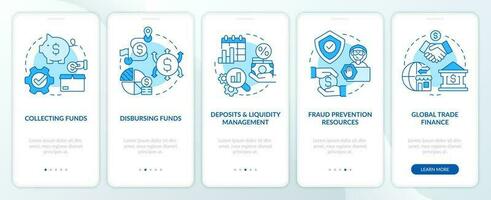 tesorería administración servicios azul inducción móvil aplicación pantalla. recorrido 5 5 pasos editable gráfico instrucciones con lineal conceptos. ui, ux, gui modelo vector