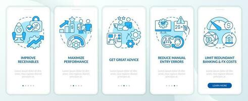Treasury management benefits blue onboarding mobile app screen. Walkthrough 5 steps editable graphic instructions with linear concepts. UI, UX, GUI template vector