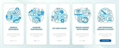tesorería administración beneficios azul inducción móvil aplicación pantalla. recorrido 5 5 pasos editable gráfico instrucciones con lineal conceptos. ui, ux, gui modelo vector