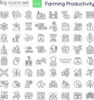 Farming productivity linear icons set. Agricultural business. Harvest. Customizable thin line symbols. Isolated vector outline illustrations. Editable stroke