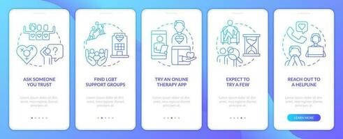 Finding LGBTQ friendly therapist blue gradient onboarding mobile app screen. Walkthrough 5 steps graphic instructions with linear concepts. UI, UX, GUI template vector