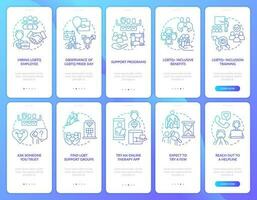 LGBTQI workplace and therapist blue gradient onboarding mobile app screens set. Walkthrough 5 steps graphic instructions with linear concepts. UI, UX, GUI template vector