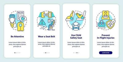 Passenger safety tips onboarding mobile app screen. Wear seatbelt walkthrough 4 steps editable graphic instructions with linear concepts. UI, UX, GUI template vector