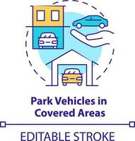 Park vehicles in covered areas concept icon. Hailstorm safety abstract idea thin line illustration. Parking arrangement. Isolated outline drawing. Editable stroke vector