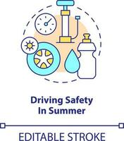 Driving safety in summer concept icon. Check tires. Situational driving safety abstract idea thin line illustration. Isolated outline drawing. Editable stroke vector