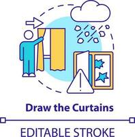 Draw curtains concept icon. Staying safe during hailstorm abstract idea thin line illustration. Keeping drapes closed. Isolated outline drawing. Editable stroke vector