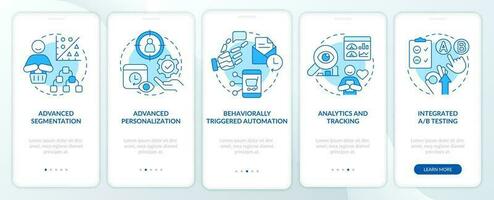 Customer engagement platform features blue onboarding mobile app screen. Walkthrough 5 steps editable instructions with linear concepts. UI, UX, GUI template vector