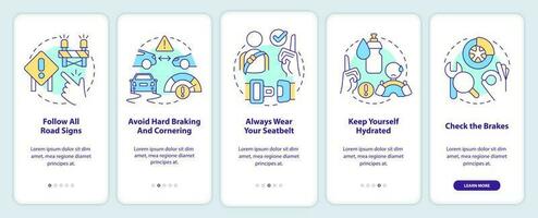 Driving safety for commercial drivers onboarding mobile app screen. Walkthrough 5 steps editable graphic instructions with linear concepts. UI, UX, GUI template vector