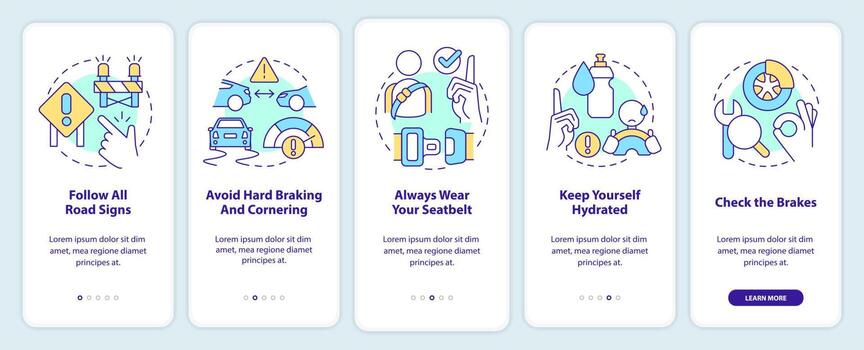Driving safety for commercial drivers onboarding mobile app screen. Walkthrough 5 steps editable graphic instructions with linear concepts. UI, UX, GUI template vector