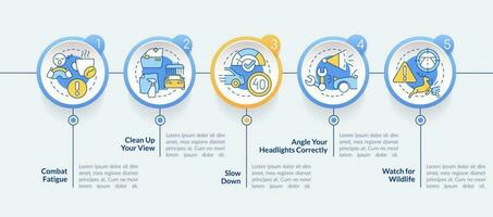 Driving safety at night circle infographic template. Road rules. Data visualization with 5 steps. Editable timeline info chart. Workflow layout with line icons vector