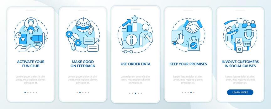 Customer engagement methods blue onboarding mobile app screen. Walkthrough 5 steps editable graphic instructions with linear concepts. UI, UX, GUI template vector