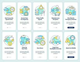 Driving safety onboarding mobile app screen set. Rules and regulations walkthrough 5 steps editable graphic instructions with linear concepts. UI, UX, GUI template vector