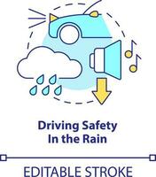 Driving safety in rain concept icon. Radio volume off. Situational driving safety abstract idea thin line illustration. Isolated outline drawing. Editable stroke vector