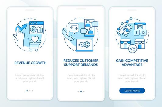 Customer engagement platform importance blue onboarding mobile app screen. Walkthrough 3 steps editable instructions with linear concepts. UI, UX, GUI template vector