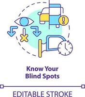 Know your blind spots concept icon. View mirror. Driving safety for commercial driver abstract idea thin line illustration. Isolated outline drawing. Editable stroke vector