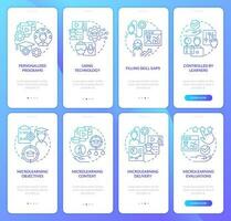 Style of delivering education blue gradient onboarding mobile app screen set. Walkthrough 4 steps graphic instructions with linear concepts. UI, UX, GUI template vector