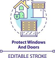 proteger ventanas y puertas concepto icono. viento tormentas y tornados la seguridad resumen idea Delgado línea ilustración. persianas aislado contorno dibujo. editable carrera vector