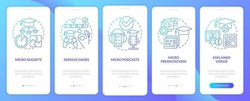 Options for delivery microlearning blue gradient onboarding mobile app screen. Walkthrough 5 steps graphic instructions with linear concepts. UI, UX, GUI template vector