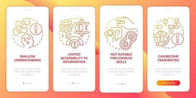 Microlearning weaknesses red gradient onboarding mobile app screen. Walkthrough 4 steps graphic instructions with linear concepts. UI, UX, GUI template vector