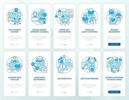 Digital customer engagement blue onboarding mobile app screen set. Walkthrough 5 steps editable graphic instructions with linear concepts. UI, UX, GUI template vector