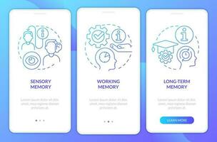 Effective knowledge retention blue gradient onboarding mobile app screen. Walkthrough 3 steps graphic instructions with linear concepts. UI, UX, GUI template vector