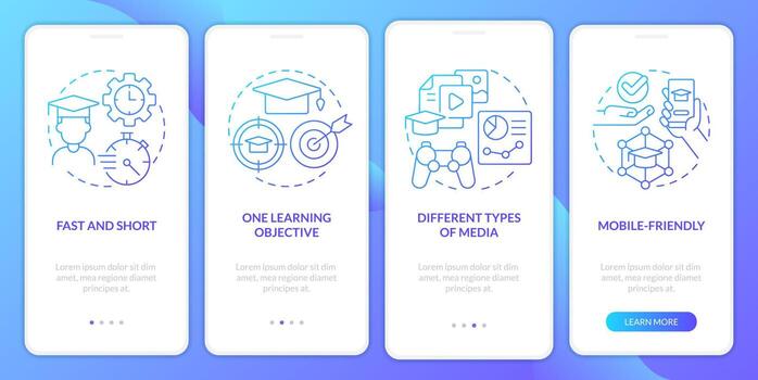 Microlearning characteristics blue gradient onboarding mobile app screen. Walkthrough 4 steps graphic instructions with linear concepts. UI, UX, GUI template vector