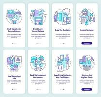 Safety tips for flood and hailstorm onboarding mobile app screen set. Walkthrough 4 steps editable graphic instructions with linear concepts. UI, UX, GUI template vector