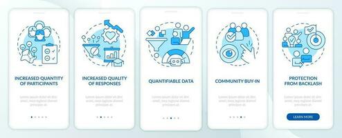 Advantages of digital engagement blue onboarding mobile app screen. Walkthrough 5 steps editable graphic instructions with linear concepts. UI, UX, GUI template vector