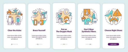 Surviving plane crash onboarding mobile app screen. Clear aisles walkthrough 5 steps editable graphic instructions with linear concepts. UI, UX, GUI template vector