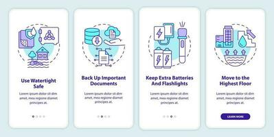 Flood safety onboarding mobile app screen. Using watertight safe walkthrough 4 steps editable graphic instructions with linear concepts. UI, UX, GUI template vector