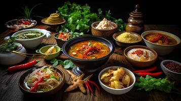 Highlight Food Image of Thai Red Curry Dish Bowl and Ingredients on Rustic Table. . photo