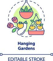 Hanging gardens concept icon. Suspended baskets for planting. Gardening method abstract idea thin line illustration. Isolated outline drawing. Editable stroke vector