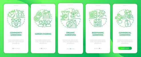 Types of gardening green gradient onboarding mobile app screen. Vegetation walkthrough 5 steps graphic instructions with linear concepts. UI, UX, GUI template vector