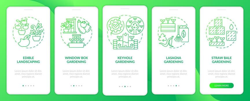 Ideas for gardeners green gradient onboarding mobile app screen. Vegetation walkthrough 5 steps graphic instructions with linear concepts. UI, UX, GUI template vector